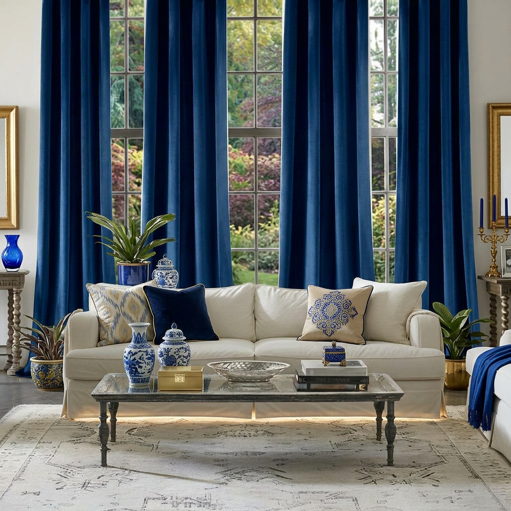 Rideau aspect velours bleu